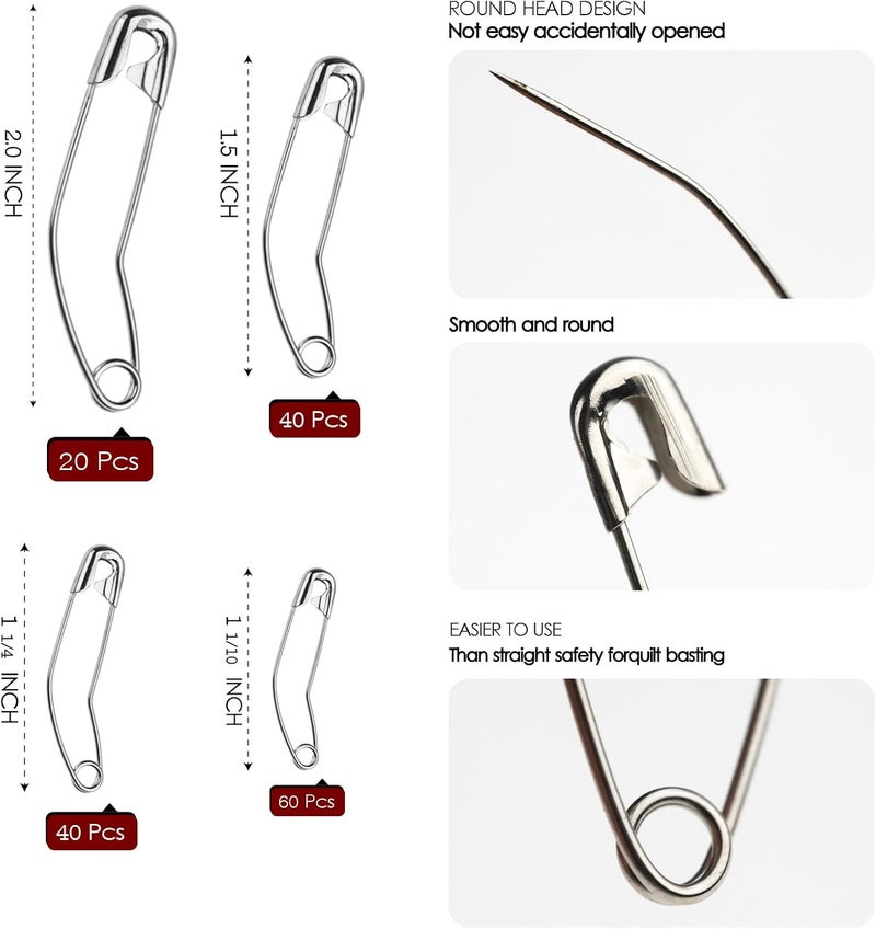 MASONEE 160 Pack Curved Safety Pins for Quilting Basting Pins 28mm 32mm 38mm 54mm Assorted Sizes Quilting Safety Pins Stainless Steel Quilting Pins - Image 2